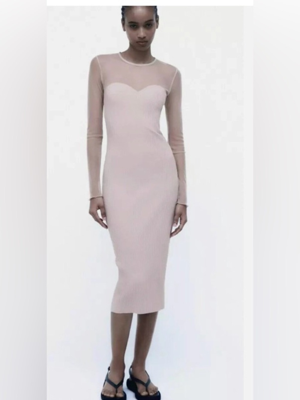 Zara Sheer Yoke Long Sleeve Midi Dress in Blush- never worn